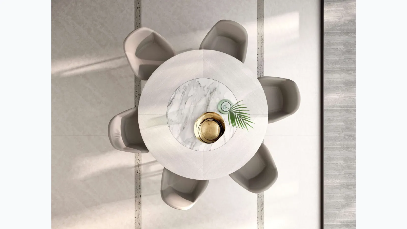Extendable round wooden table Veliero with built-in Lazy Susan ceramic rotating tray by Ozzio.