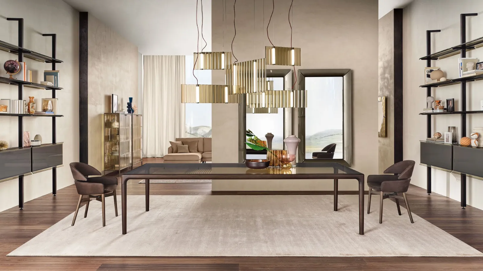 Vertigo table with glass top and solid wood base by Fiam.