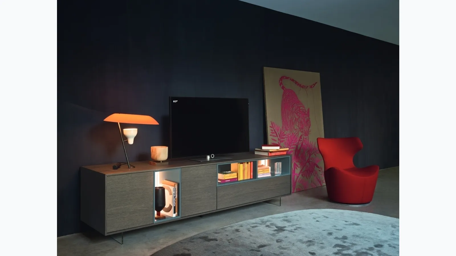 Mobile TV stand Lampo Open with 41 frame in Grey Oak and matte lacquered by Sangiacomo.
