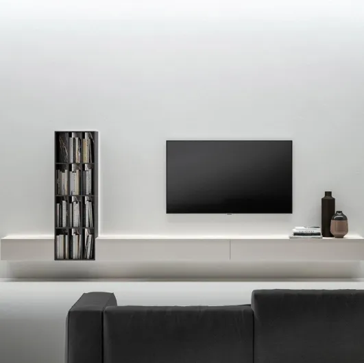 Suspended TV stand with bookshelf by Caccaro.