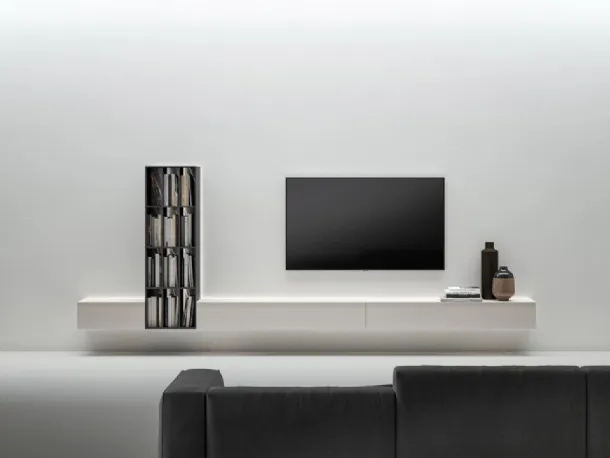 Suspended TV stand with bookshelf by Caccaro.