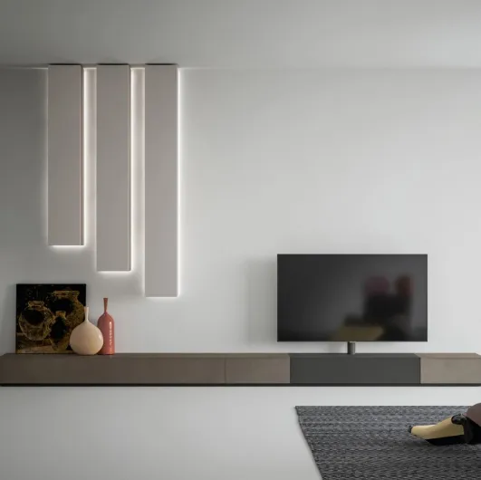 Mobile TV stand with ceiling pillars by Caccaro.