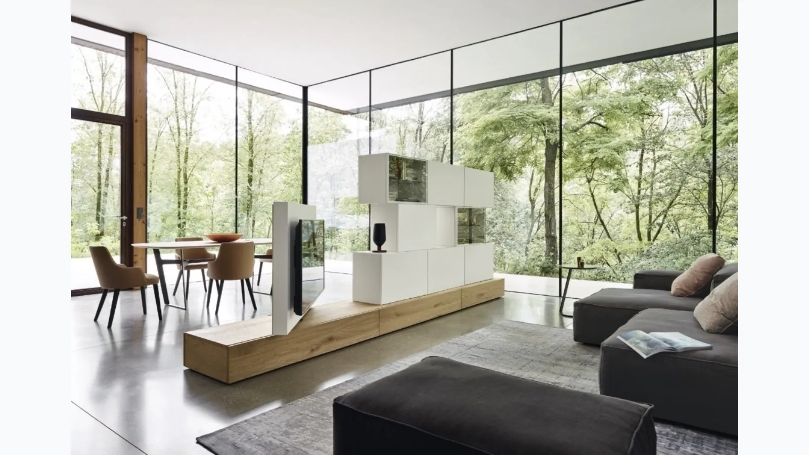 Rotating double-sided TV stand Roto in wood and lacquered by Sangiacomo.