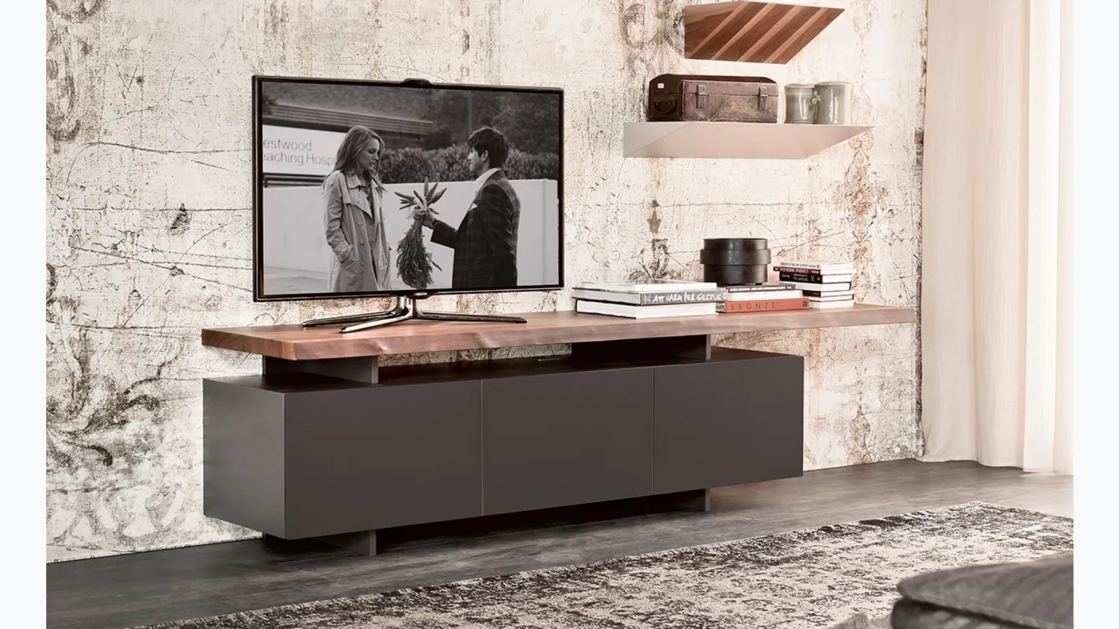 Seneca lacquered TV stand with a wooden top by Cattelan Italia.
