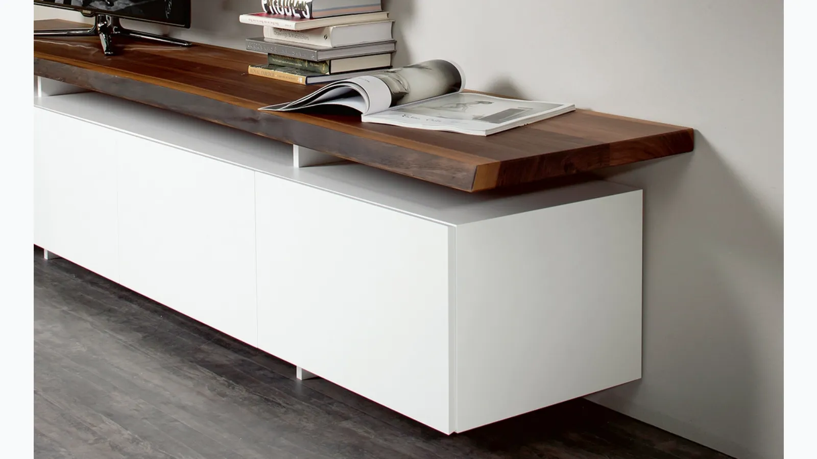 Seneca lacquered TV stand with Cattelan Italia wooden top.
