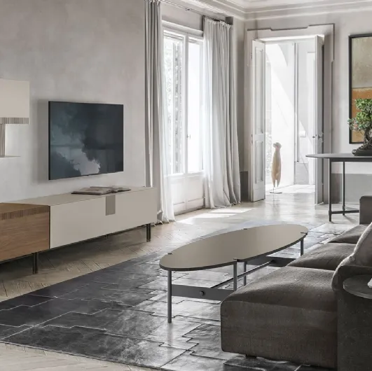 TV stand TIME UNIT TI 105 in walnut amber and mother-of-pearl CDF by Tomasella.
