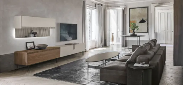 TV stand TIME UNIT TI 105 in walnut amber and mother-of-pearl CDF by Tomasella.