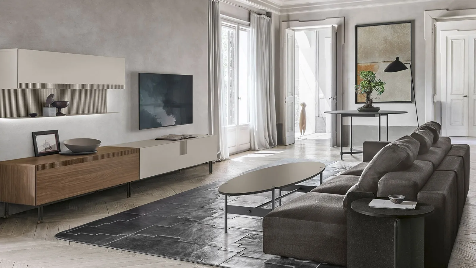 TV stand TIME UNIT TI 105 in walnut amber and mother-of-pearl CDF by Tomasella.