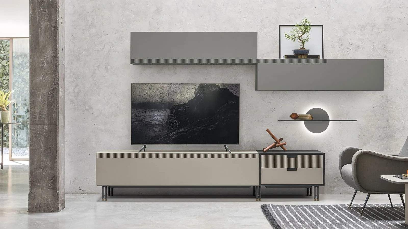 Mobile TV stand TIME UNIT TI 113 in basalt and sand CDF by Tomasella.