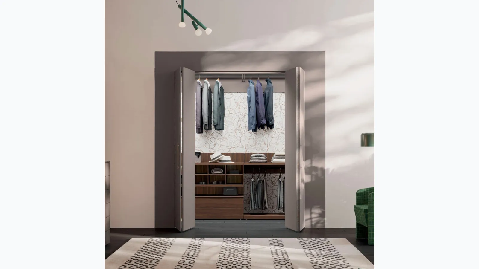 Alea walk-in closet with folding door in Platinum melamine by Orme
