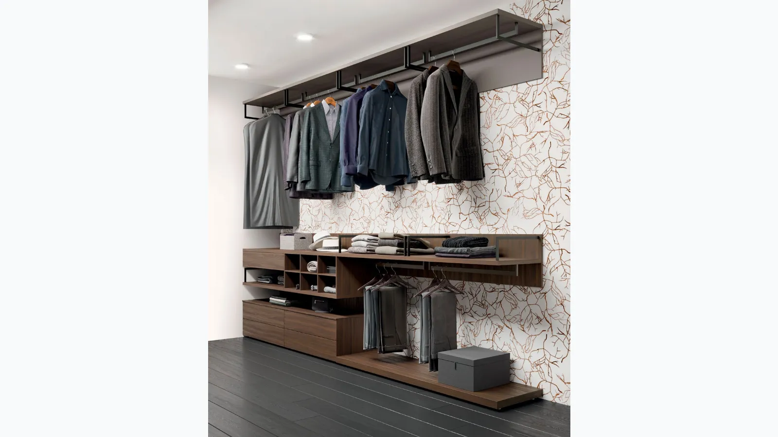 Alea walk-in closet with Platinum melamine Portal and Orme's Terracotta texture.