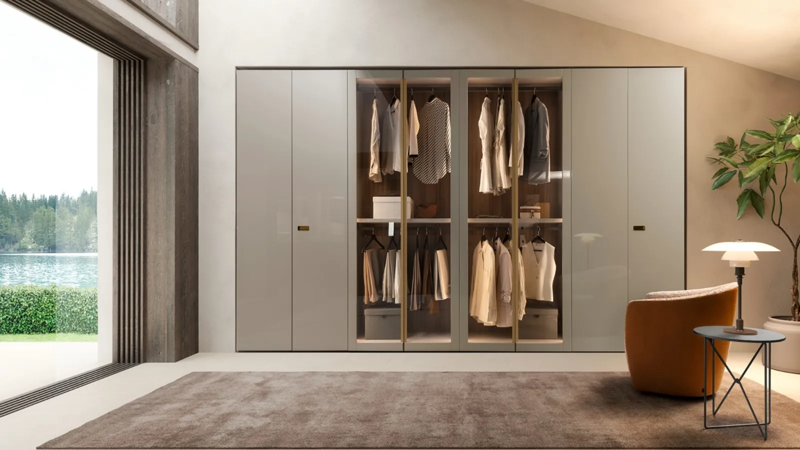 Wardrobe with hinged doors Preview in glossy lacquered Gris Beige by Presotto.