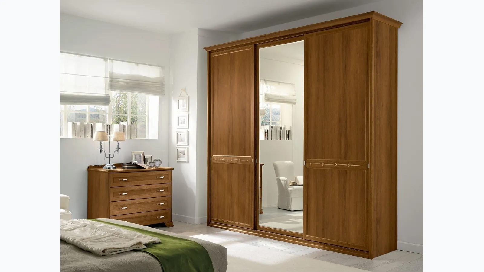 Wardrobe with sliding doors AM216 in melamine Walnut Sorrento and mirror by Colombini Casa