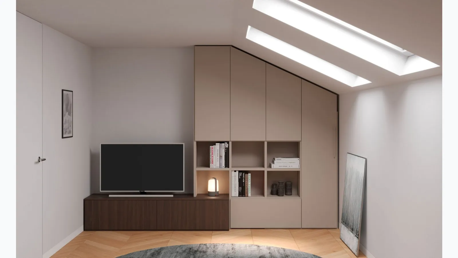 Sloping wardrobe with Nardi Interiors TV cabinet.