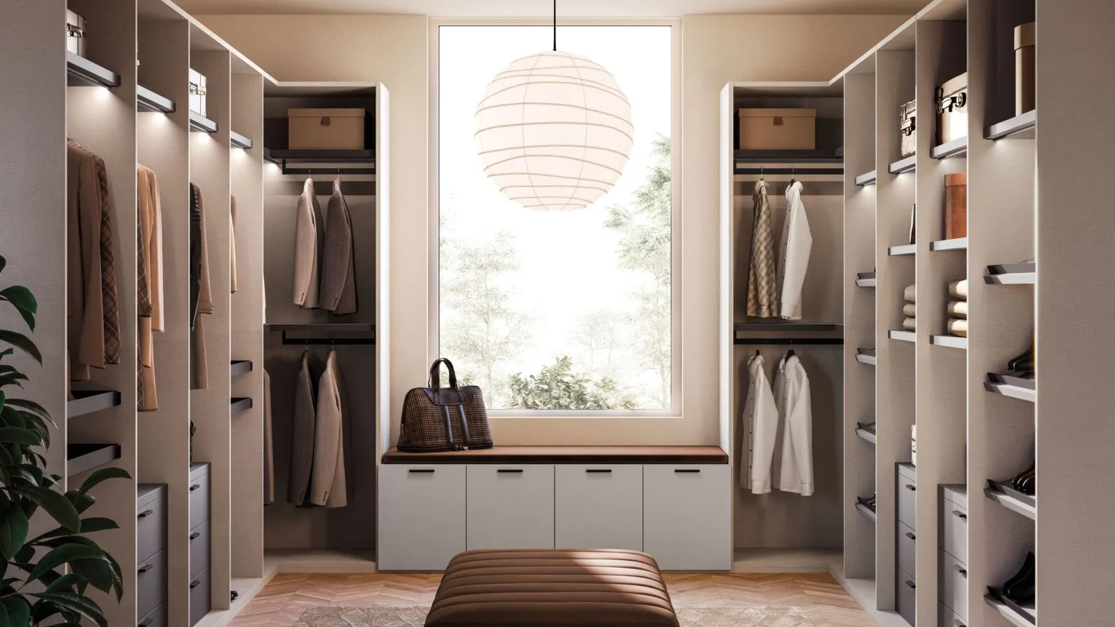 Open walk-in closet in matte lacquer and metal by Orme.
