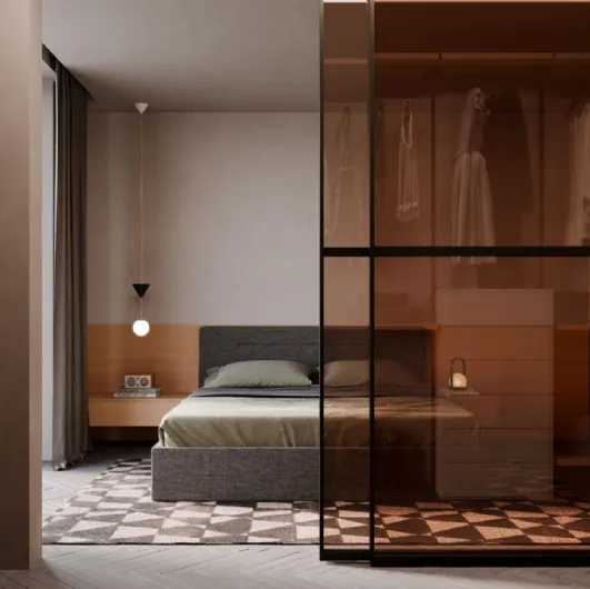 Night 17 walk-in closet with sliding glass doors by Nardi Interni.