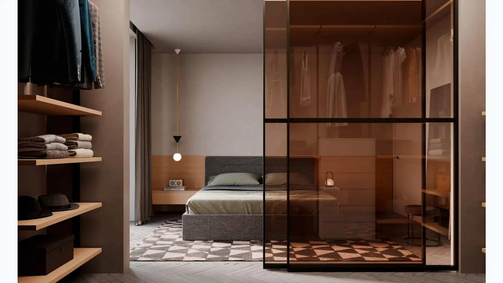 Night 17 walk-in closet with sliding glass doors by Nardi Interni.