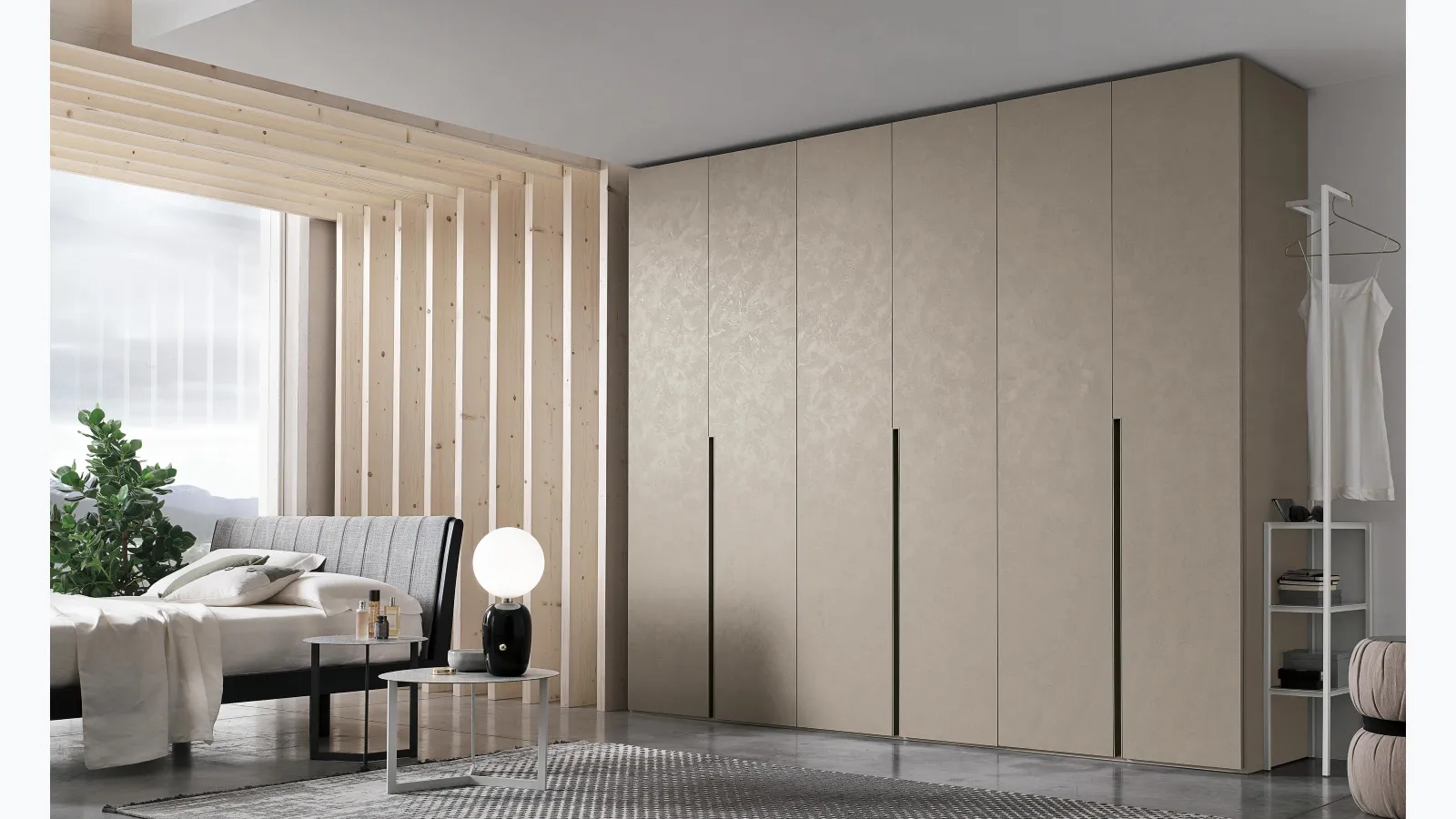 Wardrobe with swing door Doris in cement-look finish by Tomasella.