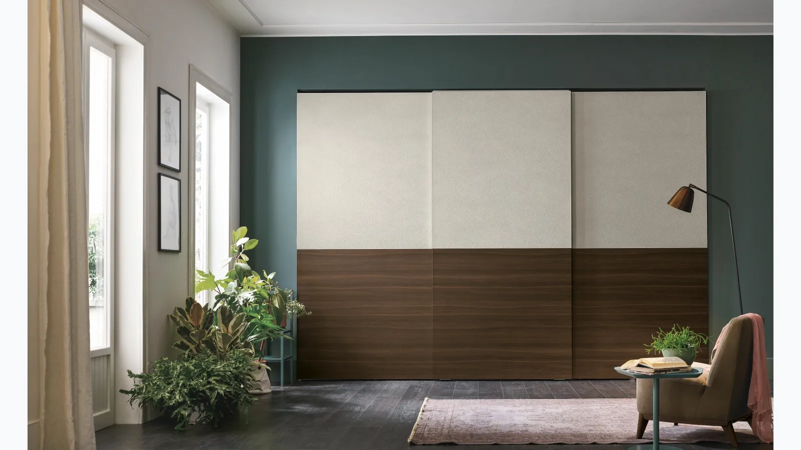 Double wardrobe with sliding door in light woven materico and thermally treated oak materico by Tomasella.
