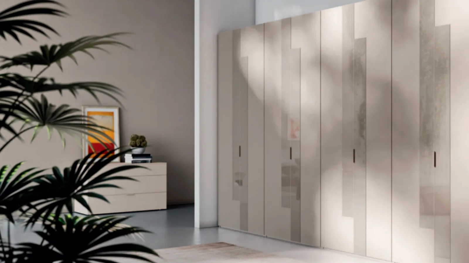 Modern wardrobe with hinged doors in Tortora melamine and lacquered glass Figur by Orme.