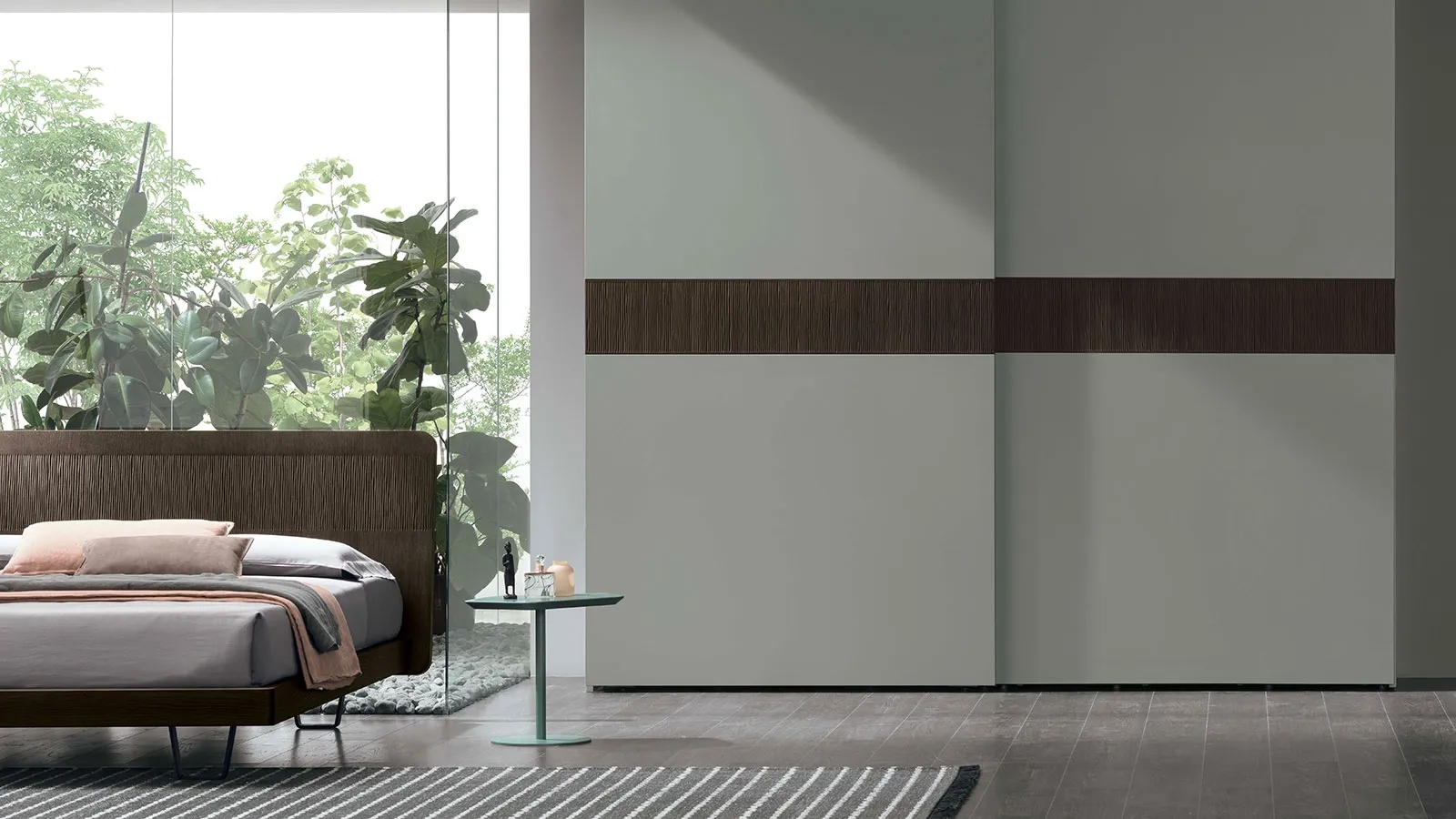 Wardrobe with sliding door in matte lacquered finish with Oak Frame insert by Tomasella.
