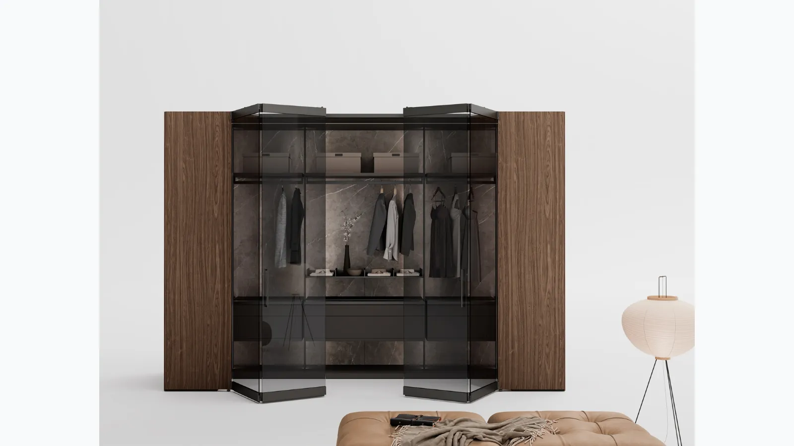 Walk-in wardrobe changing room Freedhome in walnut canneté by Caccaro.