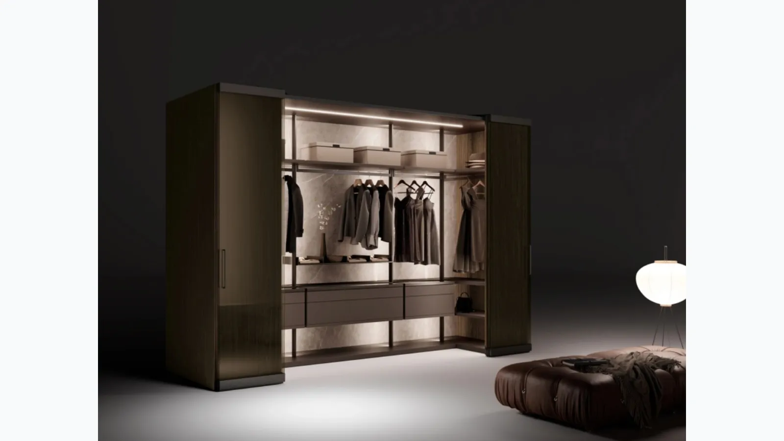Freedhome walk-in wardrobe dressing room in canneté walnut by Caccaro.