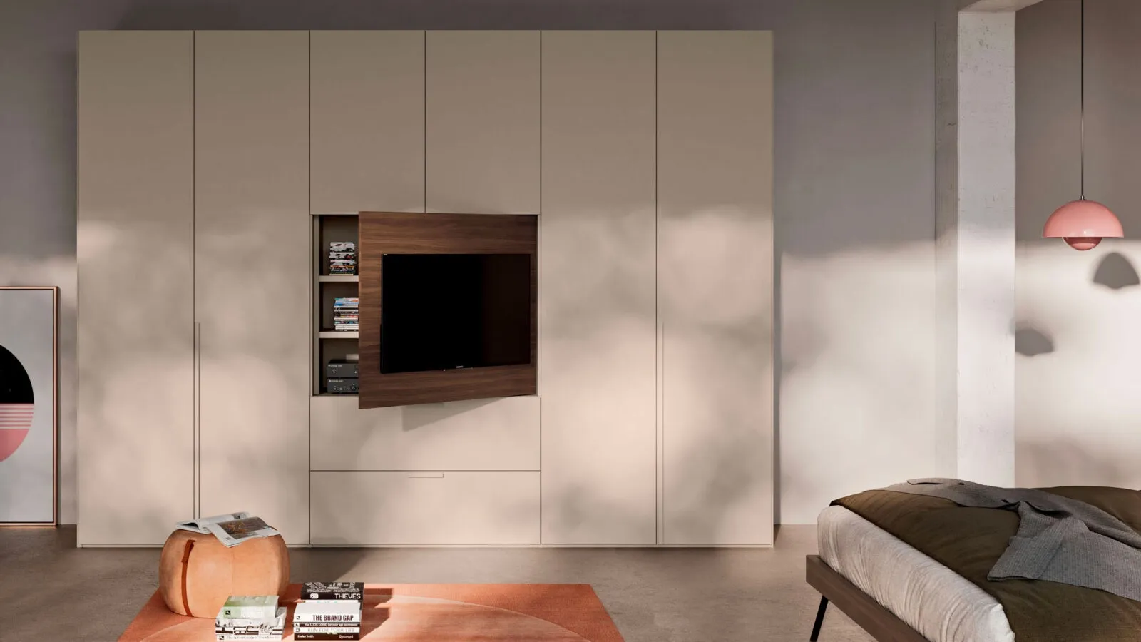 Wardrobe with hinged doors in smooth Tortora melamine by Orme.