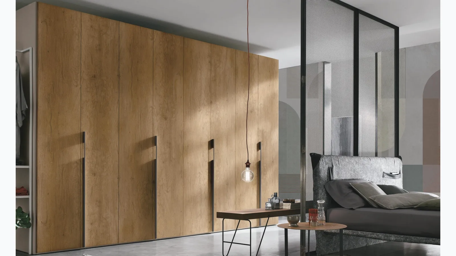 Smooth wardrobe with swing door in wood-effect materic finish by Tomasella.