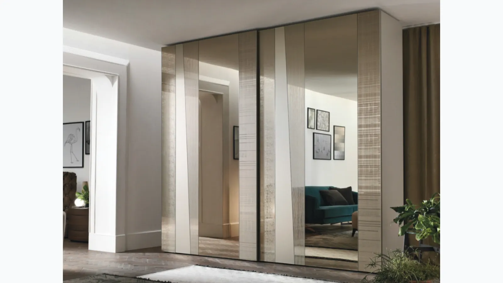 Madras wardrobe with sliding mirrored door decorated with various effects by Tomasella