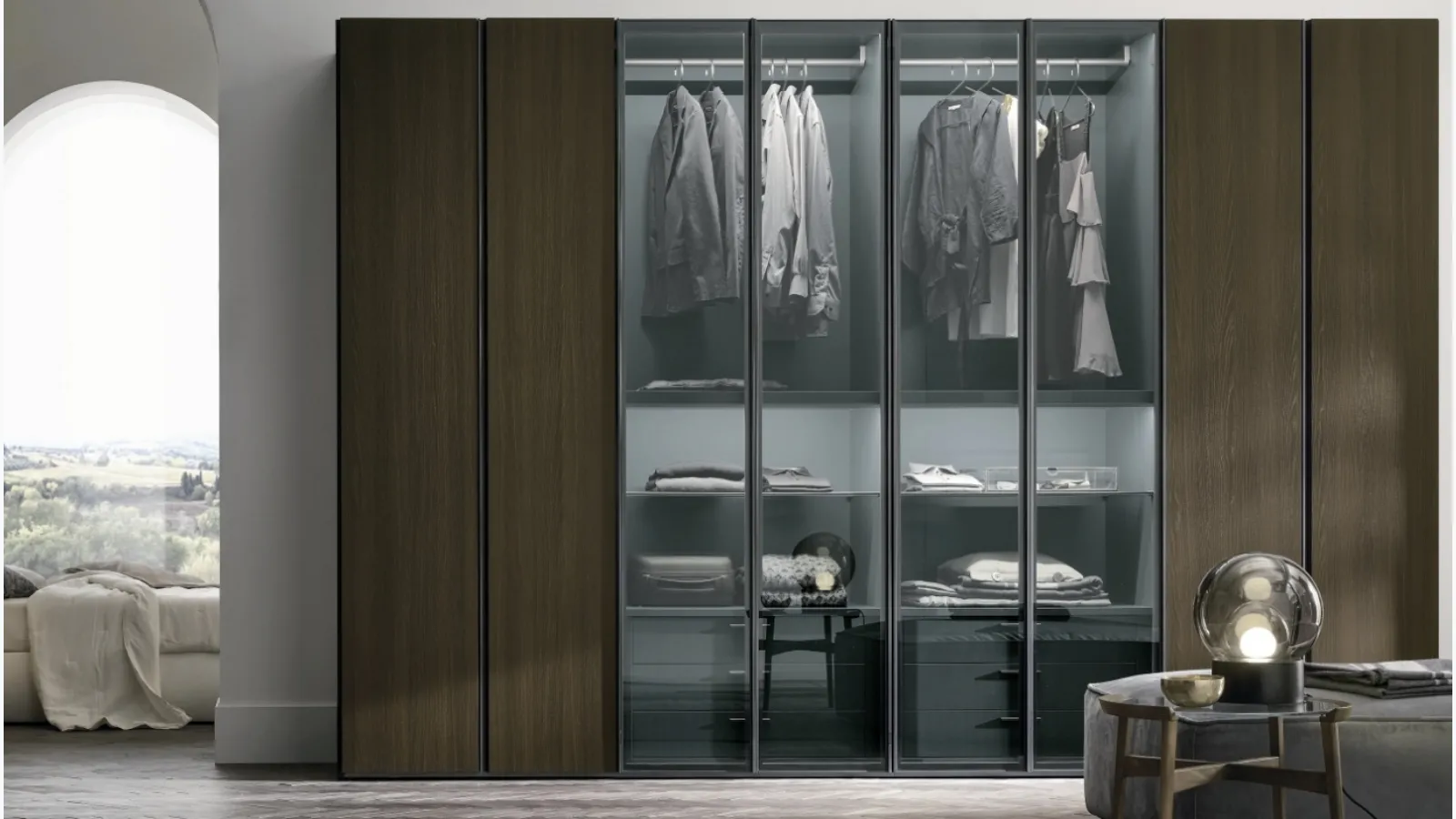 Metropolis wardrobe in thermally treated oak material with doors in thermally treated oak material and smoked glass 363 by Tomasella.