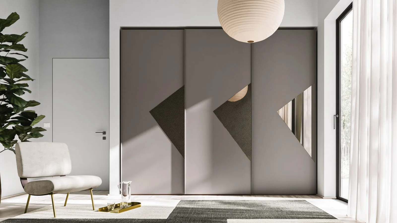 Sliding door wardrobe Mila in melamine with glass inserts by Orme.