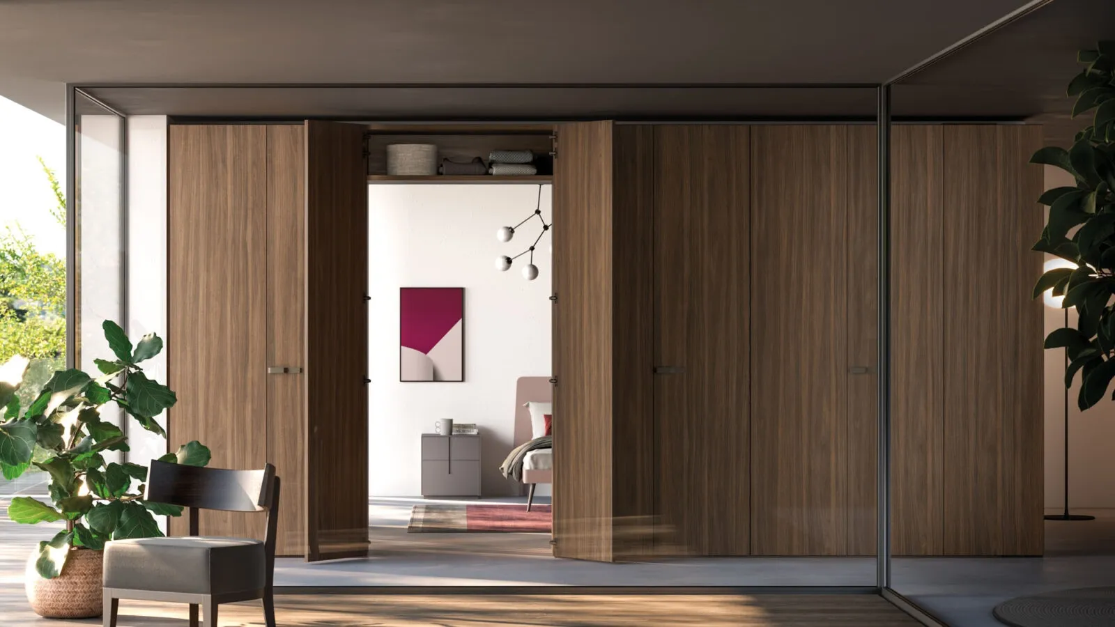 Night 04 hinged door wardrobe in Orme's terracotta material.