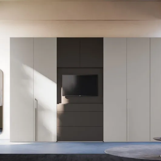 Night 06 hinged door wardrobe in matte lacquered Titanium and Tufo by Orme.