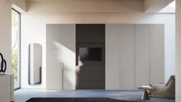 Night 06 hinged door wardrobe in matte lacquered Titanium and Tufo by Orme.