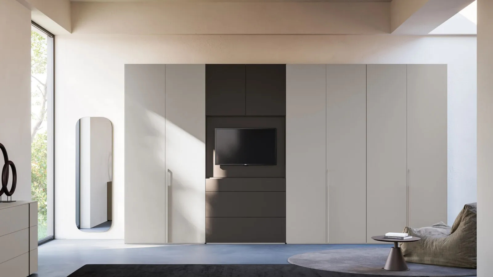 Night 06 hinged door wardrobe in matte lacquered Titanium and Tufo by Orme.