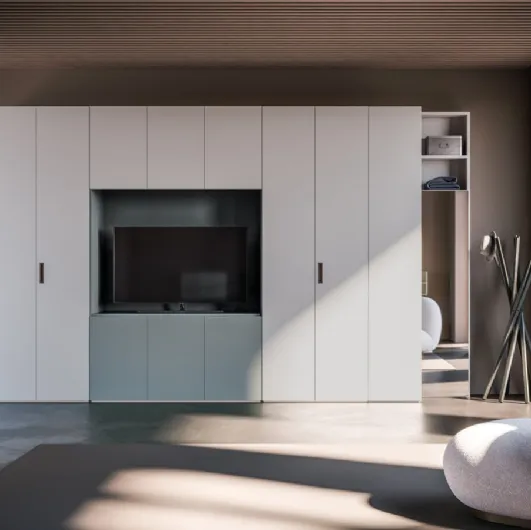 Night 07 swing door wardrobe in matte lacquered Piuma and Nebbia by Orme.