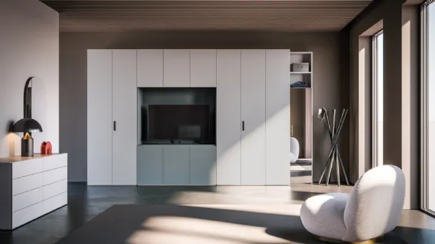Night 07 swing door wardrobe in matte lacquered Piuma and Nebbia by Orme.