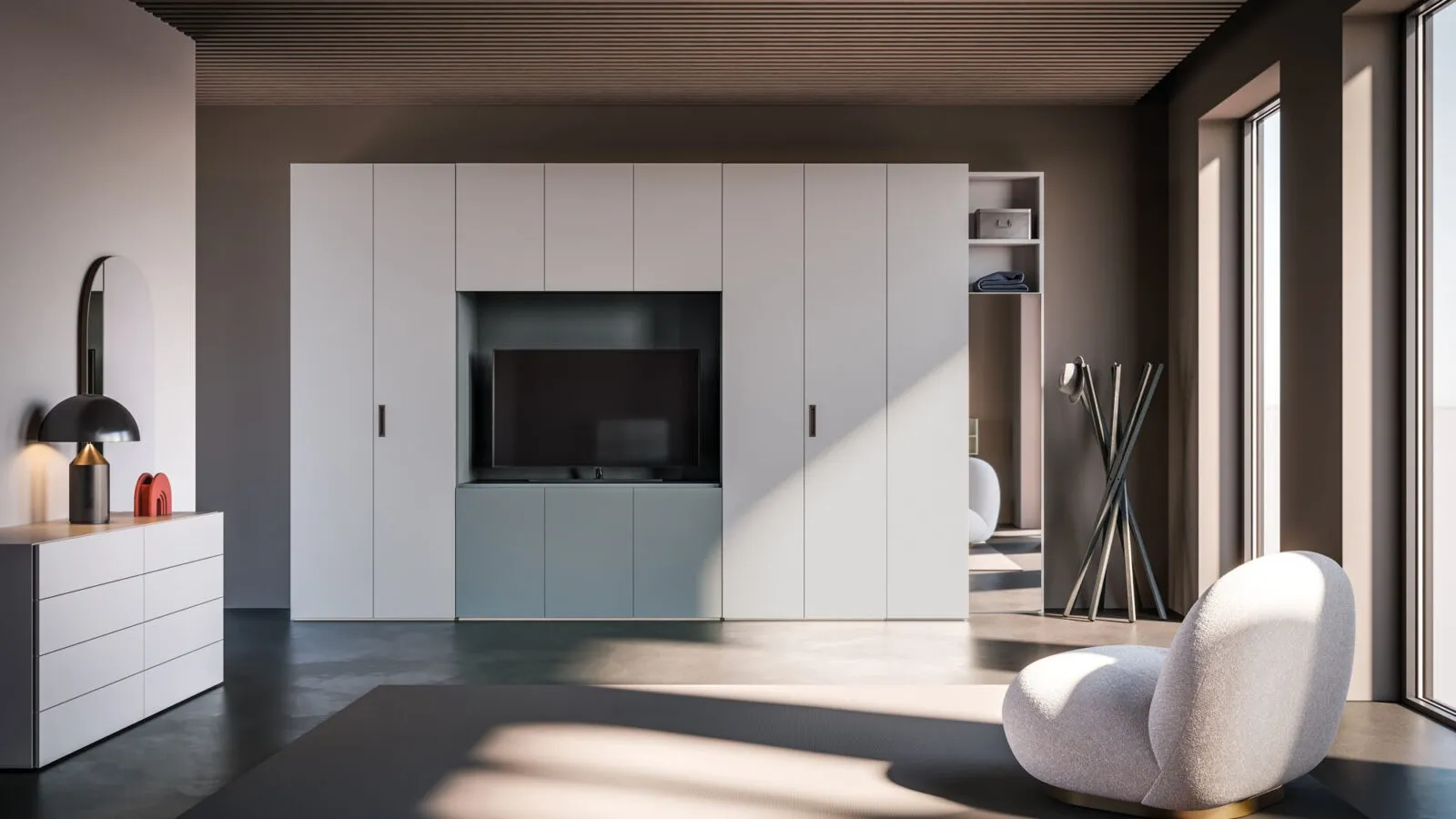 Night 07 swing door wardrobe in matte lacquered Piuma and Nebbia by Orme.