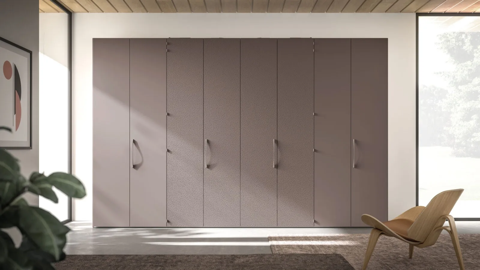 Night 08 swinging door wardrobe in matte Clay lacquer and Clay Intreccio di Orme.