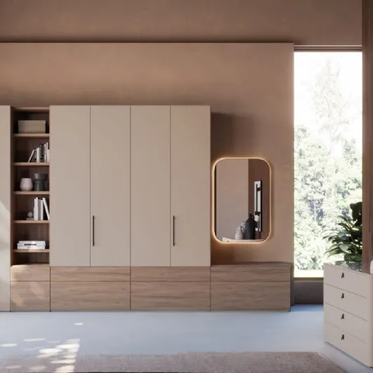 Night 10 swinging door wardrobe in matte lacquered Ecrù and textured Walnut of Orme.