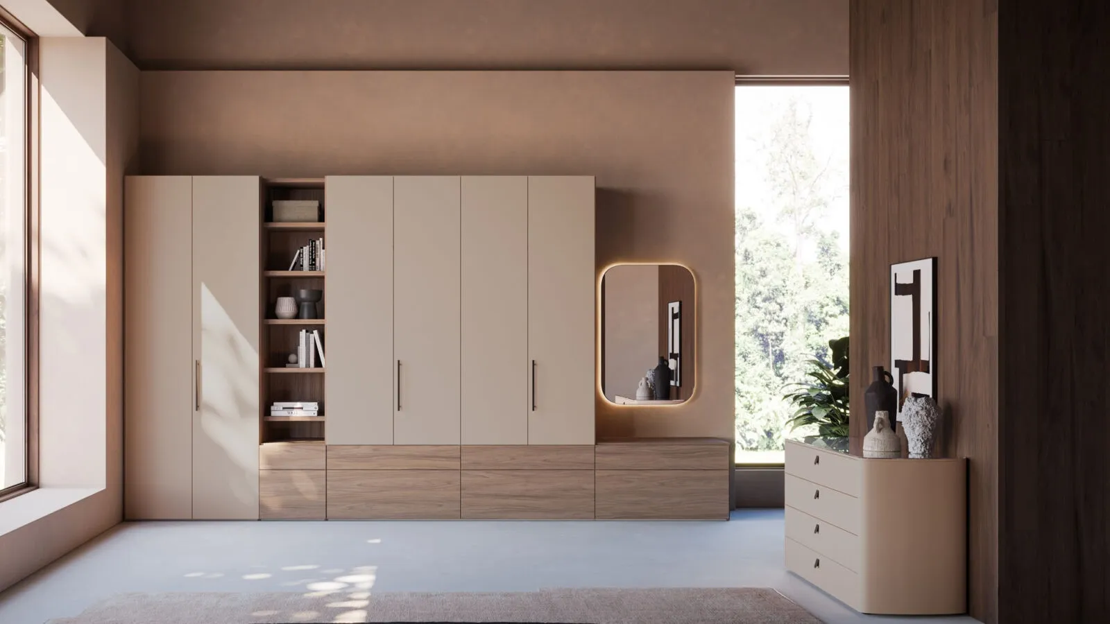 Night 10 swinging door wardrobe in matte lacquered Ecrù and textured Walnut of Orme.