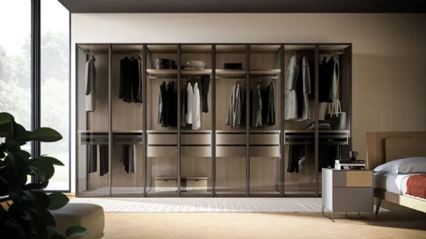 Night 15 swing door wardrobe in smoked glass and Rovere wood by Orme.