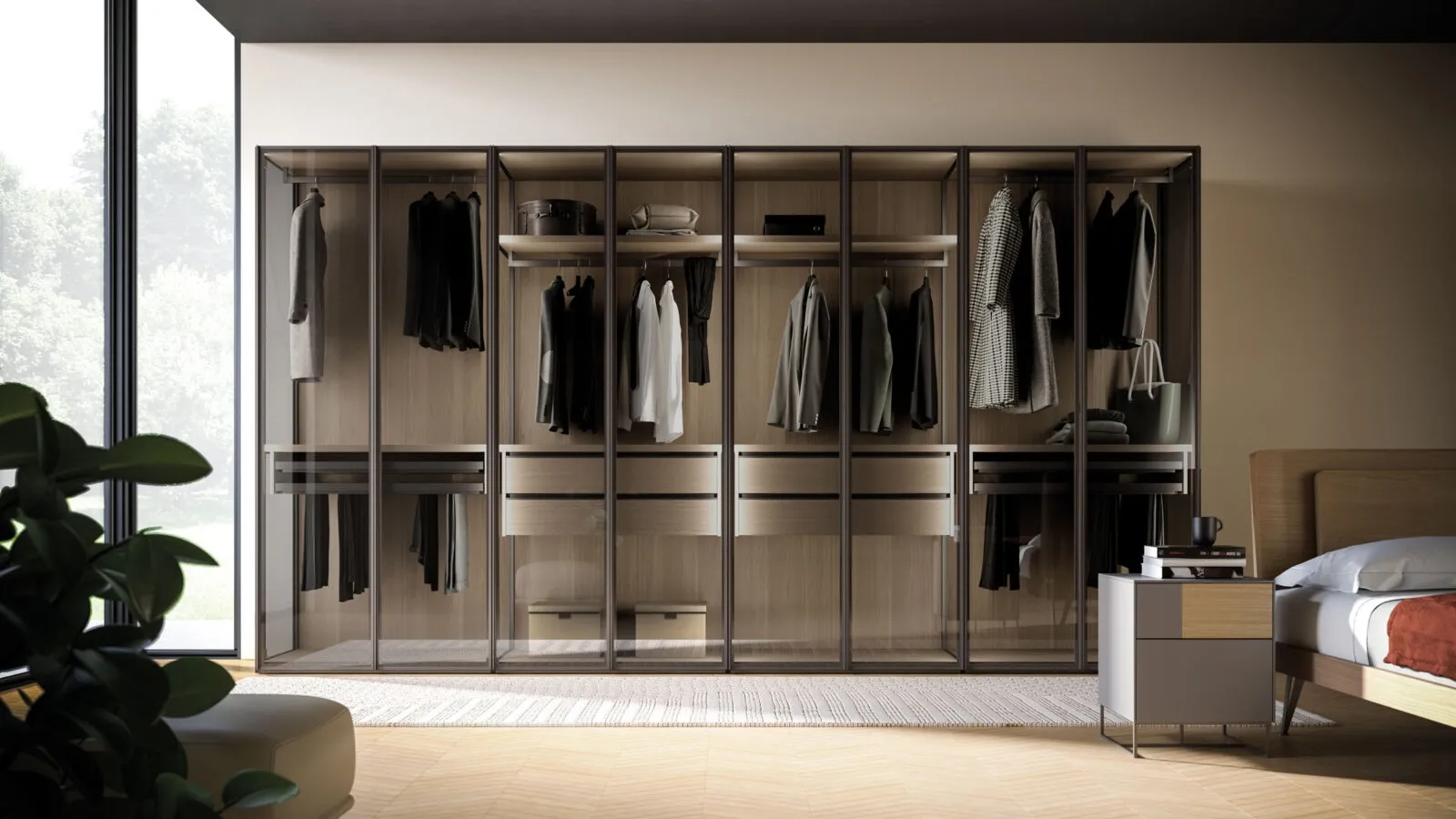 Night 15 swing door wardrobe in smoked glass and Rovere wood by Orme.
