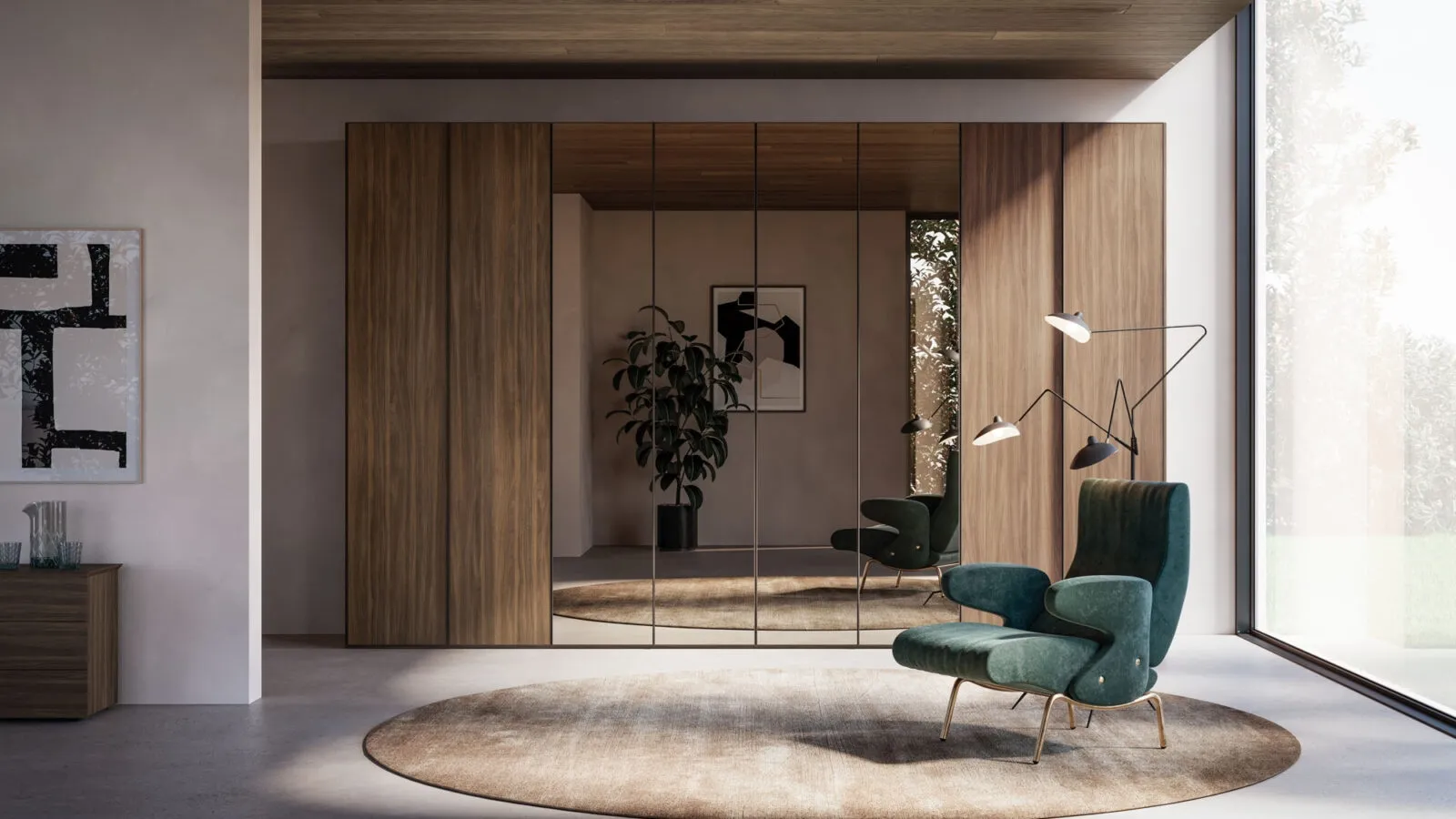 Night 17 swing door wardrobe in Cotto material and Orme Bronzato mirror.