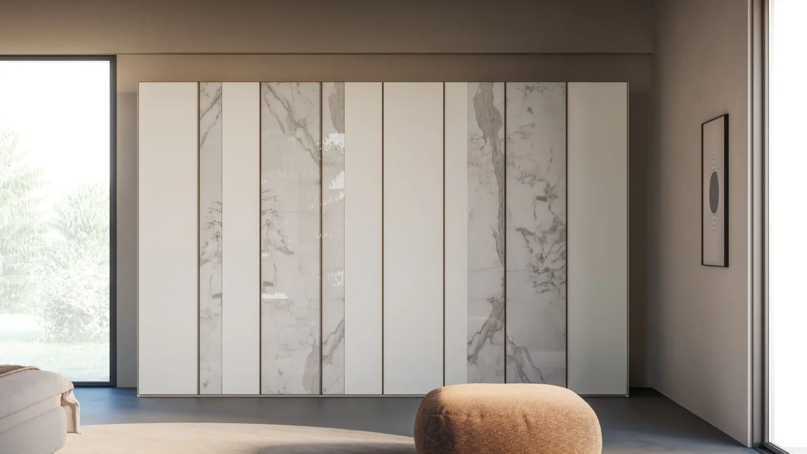 Night 19 swing door wardrobe in matt white lacquer and Calacatta Gold screen-printed glass by Orme.