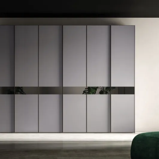 Night 21 wardrobe with hinged doors in matte Basalt lacquer with a mirror strip by Orme.