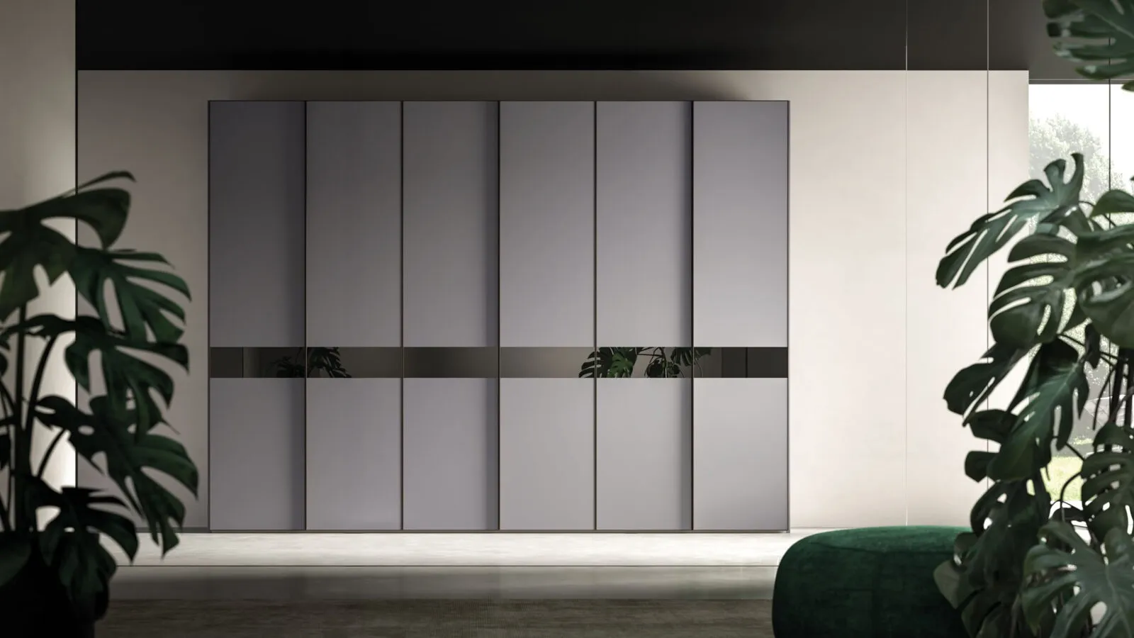 Night 21 wardrobe with hinged doors in matte Basalt lacquer with a mirror strip by Orme.