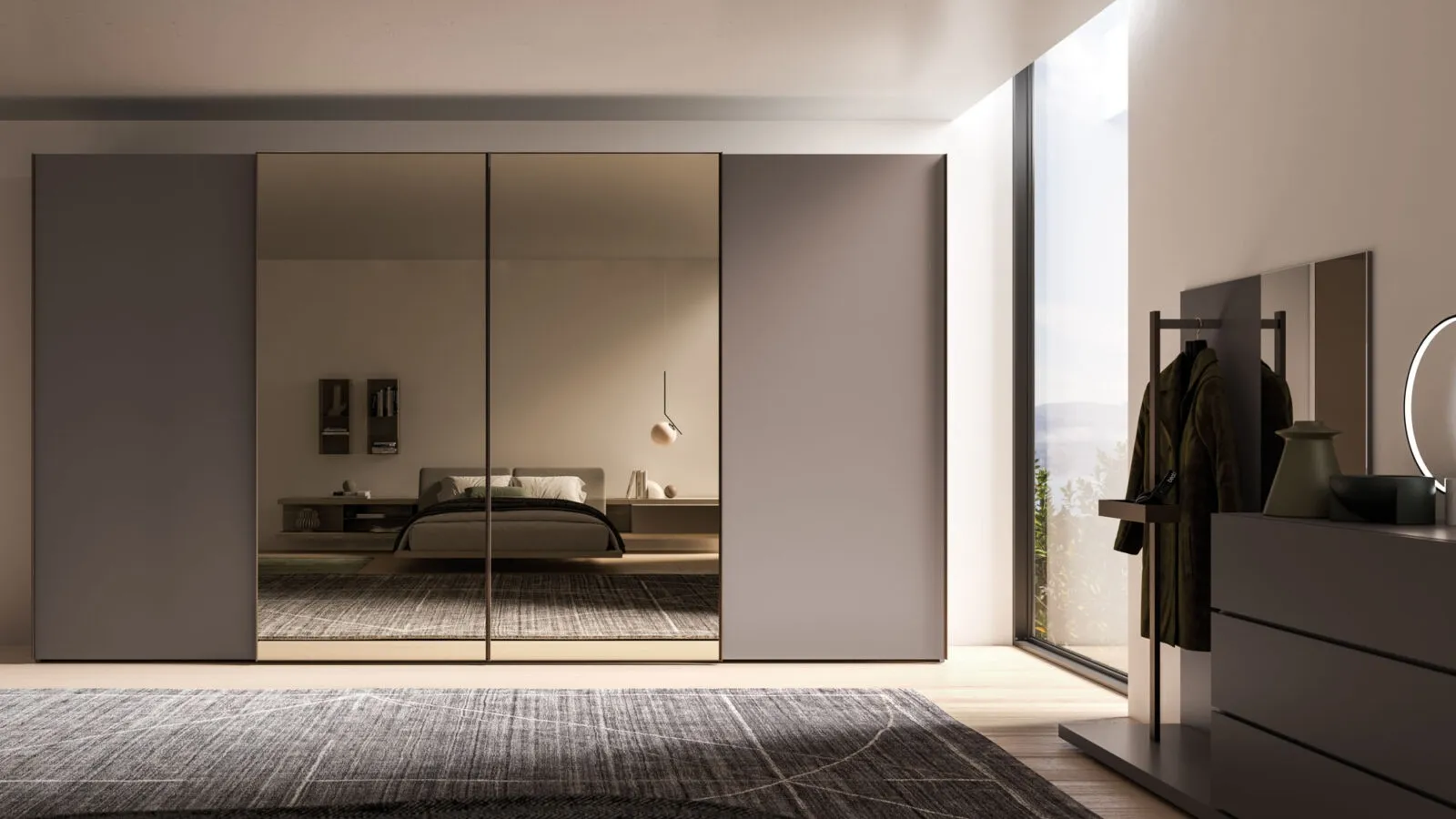 Night 30 sliding door wardrobe in Matte Clay lacquered finish and Bronzed mirror by Orme.