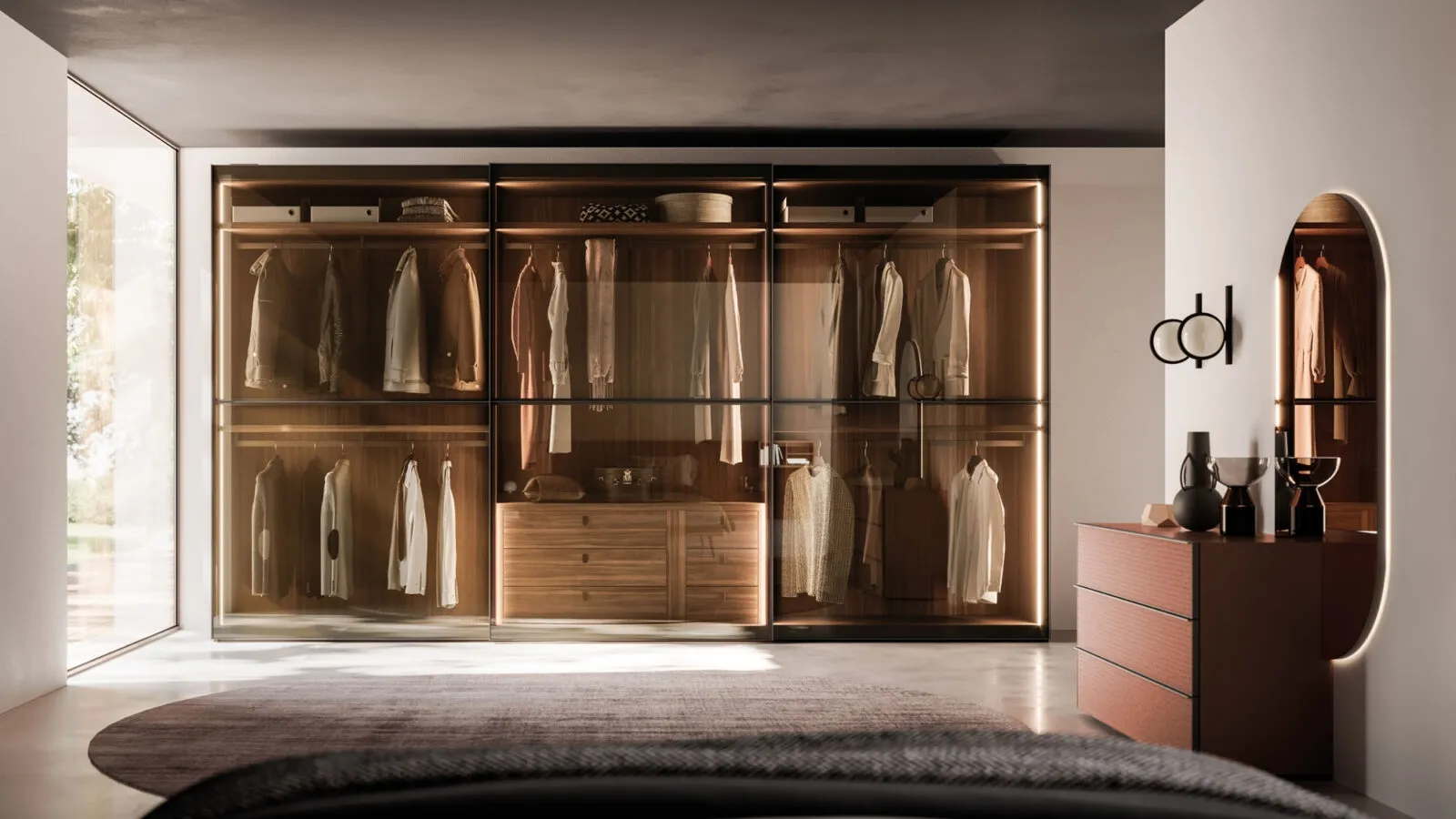 Night 31 sliding door wardrobe in Bronzed glass and Burnished metal by Orme.